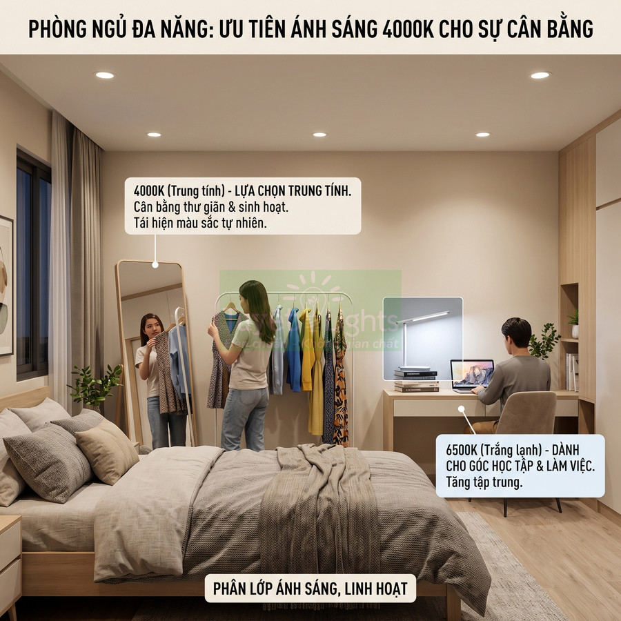 Phòng ngủ hiện đại với hệ thống đèn trần 4000K và đèn bàn 6500K cho góc làm việc và khu vực thay đồ